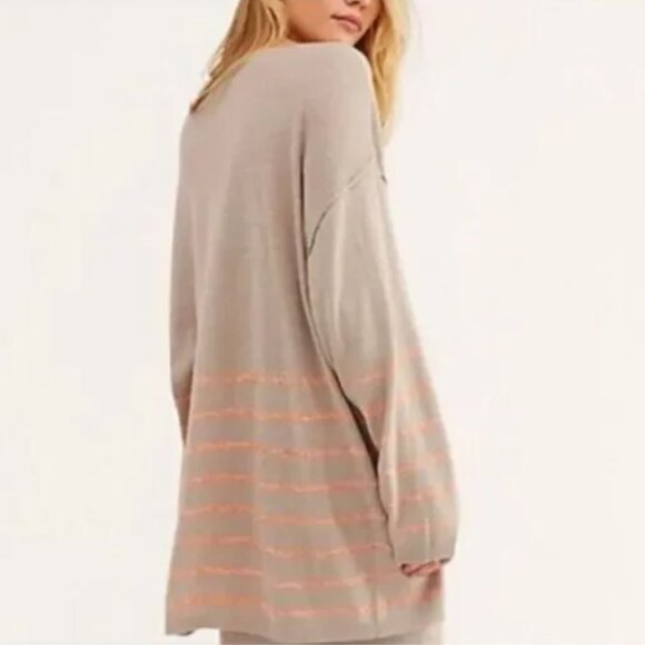 Free People Beach | Dana Point Cotton Striped Sweater in Tan & Orange | Size XL - Picture 2 of 11